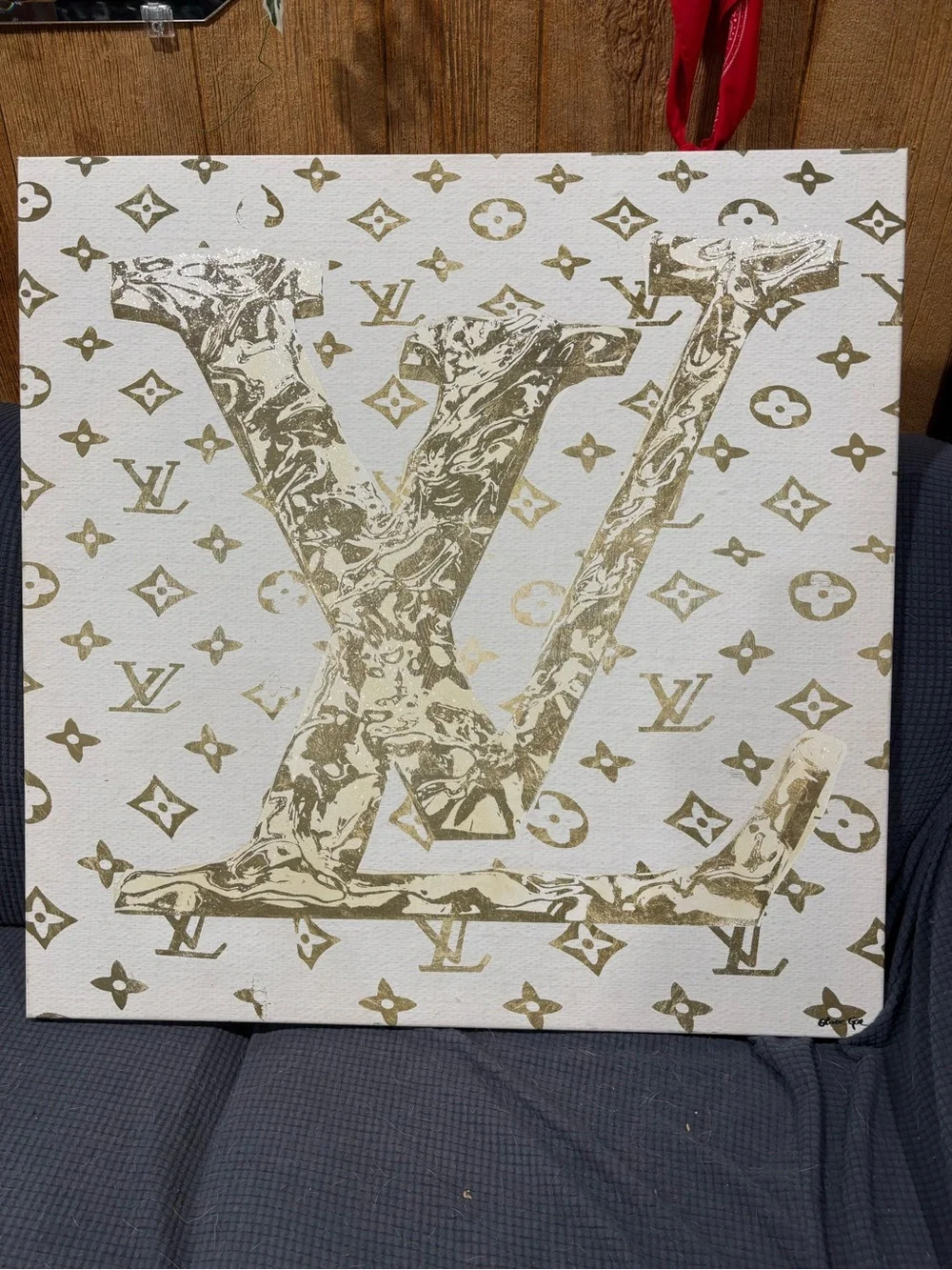 Oliver Gal Gold Glitter LV Monogram Canvas Wall Art 30x30